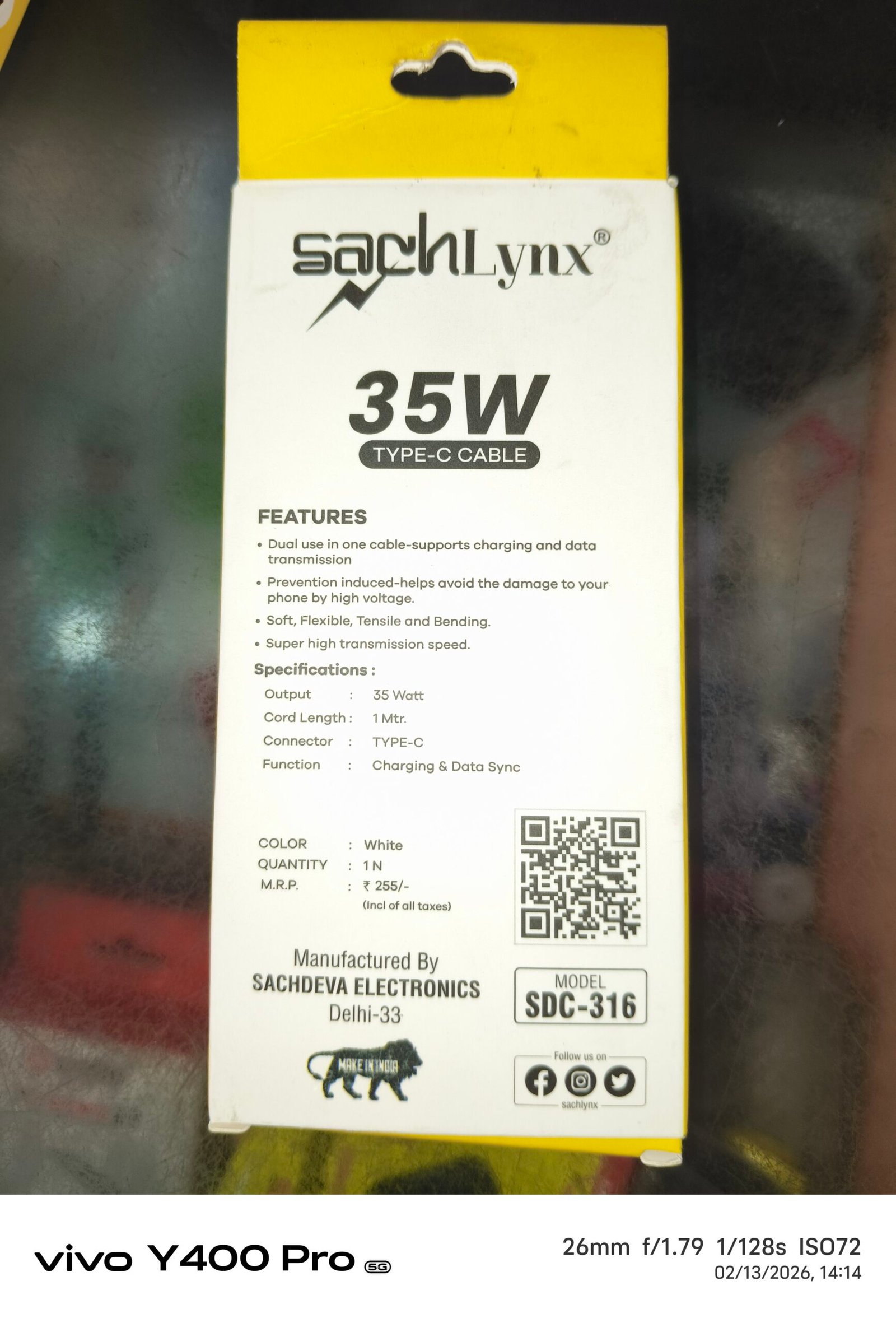 SachLynx 35W Type-C Fast Charging Cable (SDC-316) | 1 Meter | Data Sync | White - Image 2