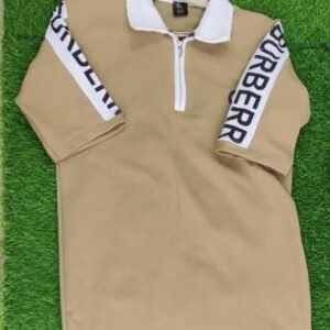 Premium Beige Zipper Collar Down Shoulder T-Shirt