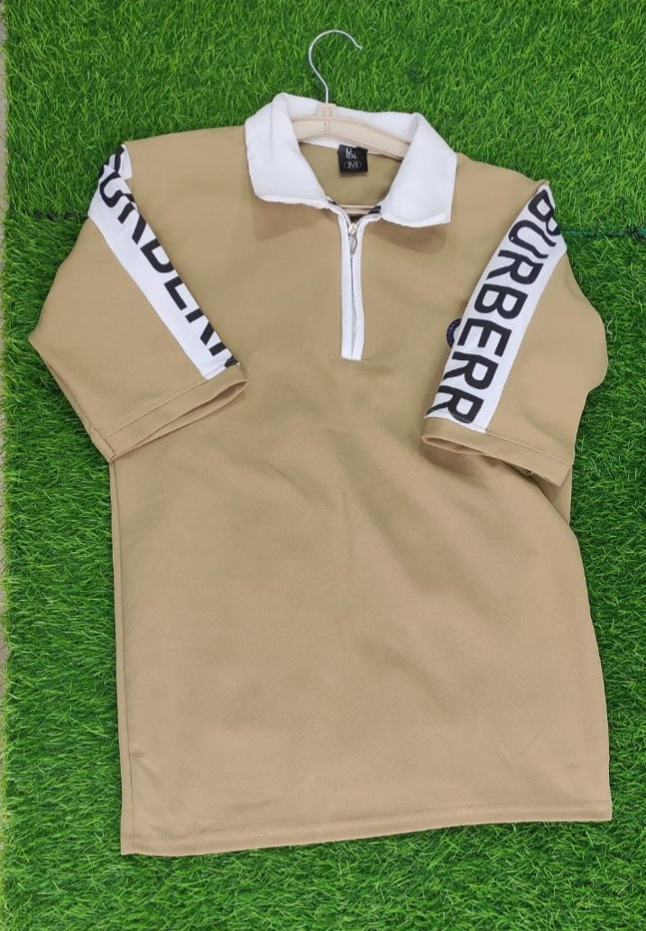 Premium Beige Zipper Collar Down Shoulder T-Shirt - Image 2