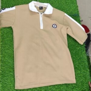 Premium Beige Zipper Collar Down Shoulder T-Shirt