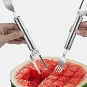2-in-1 Stainless Steel Watermelon Slicer Cutter & Fork – Dual-Head Fruit Slicing Knife and Slicer Tool for Easy Cubing
