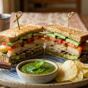 Bombay Style Veg Club Sandwich with Green Chutney & Chips