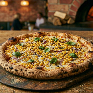 Golden Sweet Corn Pizza with Extra Cheese and Basil