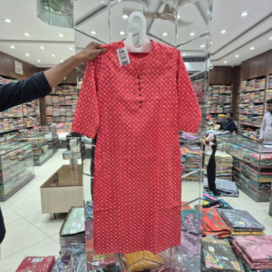 Women's Red Printed Cotton Straight Kurti with Button Details (Size M) 4ufashion ⅚