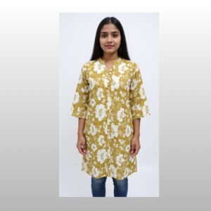 Buy this gorgeous Mustard Yellow Floral Cotton Kurti for just ₹450 (Save 62% off MRP ₹1,199). Features a smart mandarin collar, comfortable front-button pattern, and fresh white floral prints. Order now!