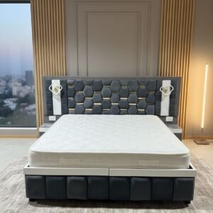 Premium King Size Double Bed with Hexagonal Tufted Headboard (Dark Grey & White)