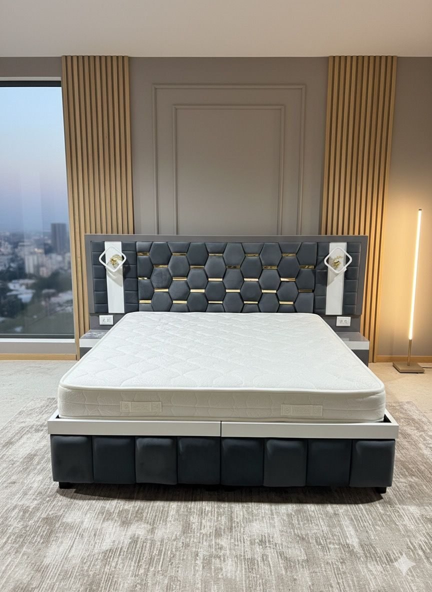 Premium King Size Double Bed with Hexagonal Tufted Headboard (Dark Grey & White)
