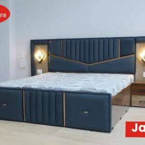 Jaguar Premium Double Bed with Integrated Side Tables & Designer LED Lights (Royal Blue Upholstery)