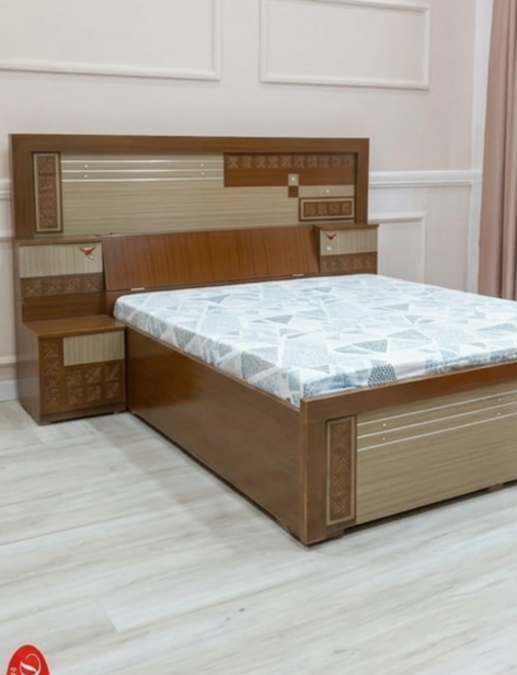 Ferrari Premium Wooden Double Bed with Geometric Pattern & Headboard Box Storage - Image 4
