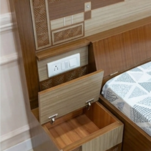 Ferrari Premium Wooden Double Bed with Geometric Pattern & Headboard Box Storage