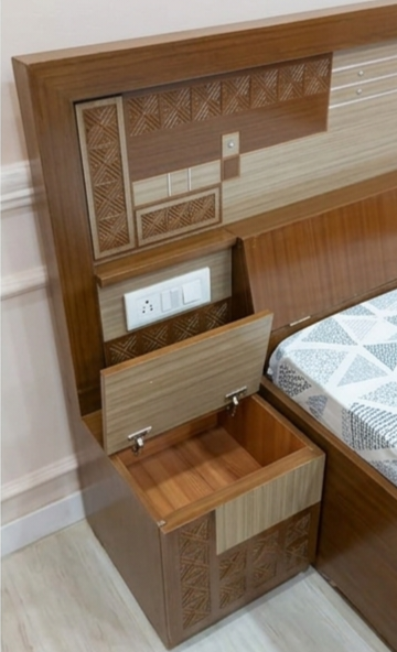 Ferrari Premium Wooden Double Bed with Geometric Pattern & Headboard Box Storage - Image 2