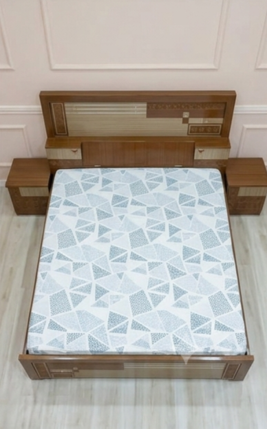 Ferrari Premium Wooden Double Bed with Geometric Pattern & Headboard Box Storage - Image 3