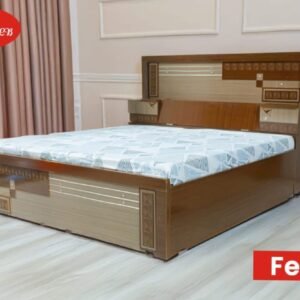 Ferrari Premium Wooden Double Bed with Geometric Pattern & Headboard Box Storage