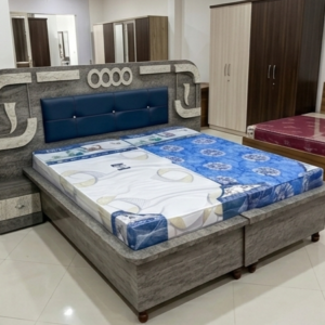 Symphony Premium Double Bed with Textured Grey Finish & Royal Blue Cushioned Headboard