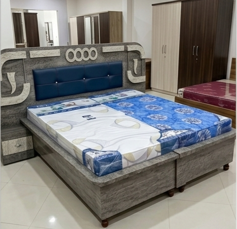 Symphony Premium Double Bed with Textured Grey Finish & Royal Blue Cushioned Headboard