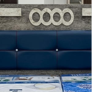 Symphony Premium Double Bed with Textured Grey Finish & Royal Blue Cushioned Headboard