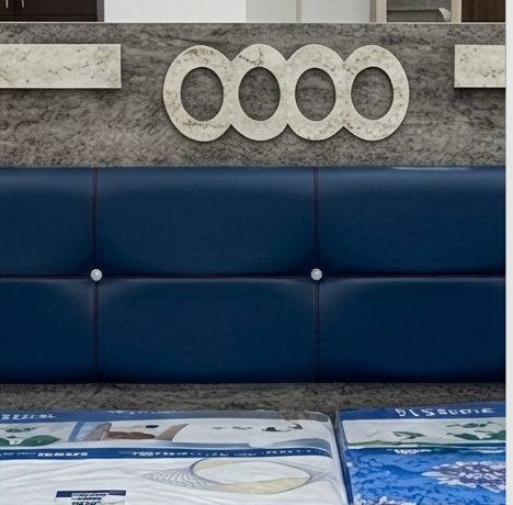 Symphony Premium Double Bed with Textured Grey Finish & Royal Blue Cushioned Headboard - Image 2