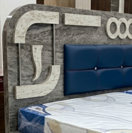 Symphony Premium Double Bed with Textured Grey Finish & Royal Blue Cushioned Headboard - Image 3