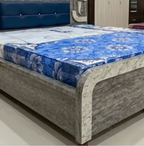 Symphony Premium Double Bed with Textured Grey Finish & Royal Blue Cushioned Headboard - Image 4