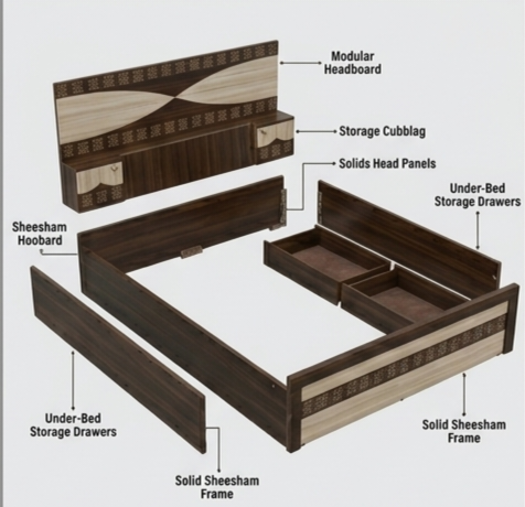 Sheesham Premium Wooden Double Bed with Smooth Under-Bed Storage Drawers & Modular Headboard - Image 5