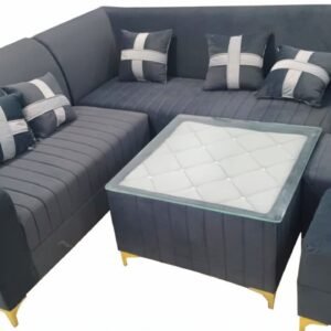 Luxury L-Shape Corner Sofa Set with Glass-Top Center Table and Puffies (Charcoal Grey & White)