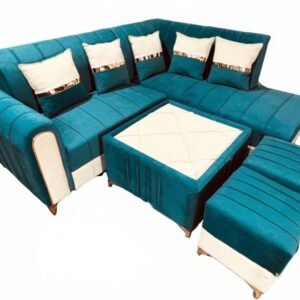 Luxury L-Shape Corner Sofa Set with Center Table and Puffy (Teal Blue & Cream)