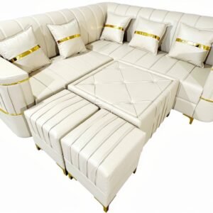 Luxury L-Shape Corner Sofa Set with Tufted Center Table and Puffies (Premium Off-White & Gold)