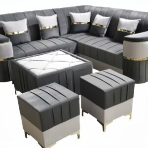 Luxury L-Shape Corner Sofa Set with Center Table and Puffies (Dark Grey & Off-White)