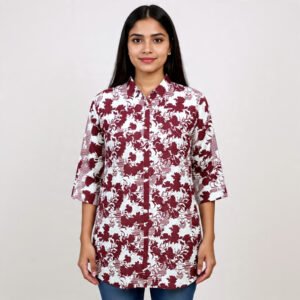 Elegant Floral Print Cotton Kurti – Modern Front-Button Long Shirt Style Top for Women