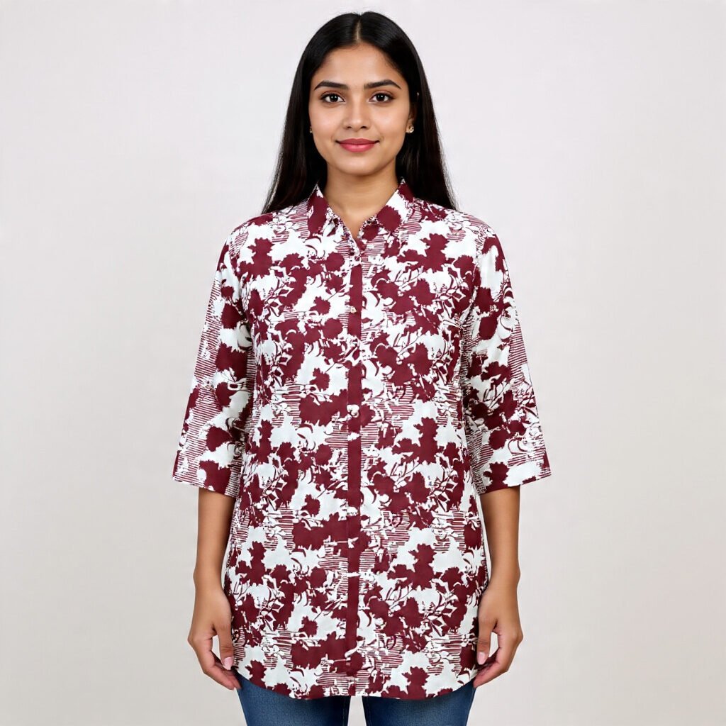 Elegant Floral Print Cotton Kurti – Modern Front-Button Long Shirt Style Top for Women - Image 2
