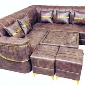 Luxury L-Shape Corner Sofa Set with Center Table and Puffies (Dark Grey & Off-White)