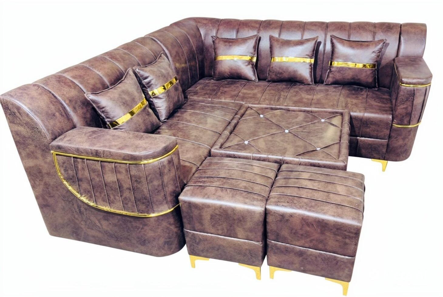 Luxury L-Shape Corner Sofa Set with Center Table and Puffies (Dark Grey & Off-White)