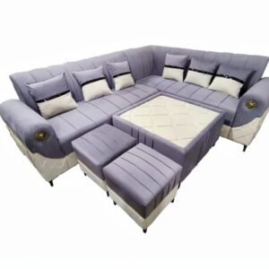 Luxury L-Shape Corner Sofa Set with Glass-Top Center Table and Puffies (Charcoal Grey & White)