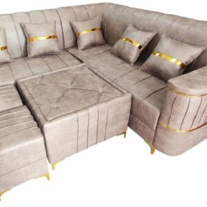 Luxury L-Shape Corner Sofa Set with Tufted Center Table and Puffies (Elegant Beige & Gold)
