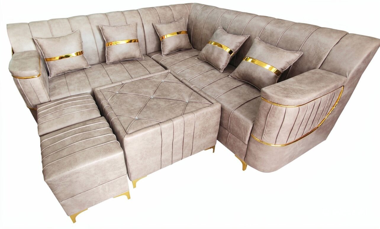 Luxury L-Shape Corner Sofa Set with Tufted Center Table and Puffies (Elegant Beige & Gold)