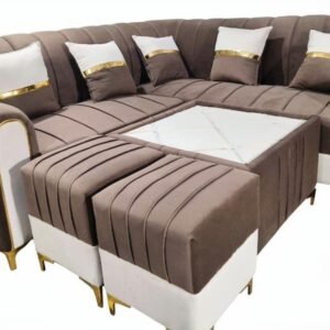 Luxury L-Shape Corner Sofa Set with Tufted Center Table and Puffies (Coffee Brown & Cream)