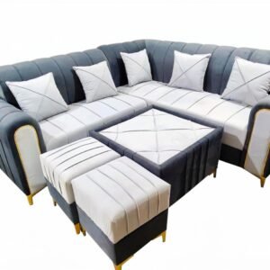 Luxury L-Shape Corner Sofa Set with Tufted Center Table and Puffies (Slate Grey & Cream White)