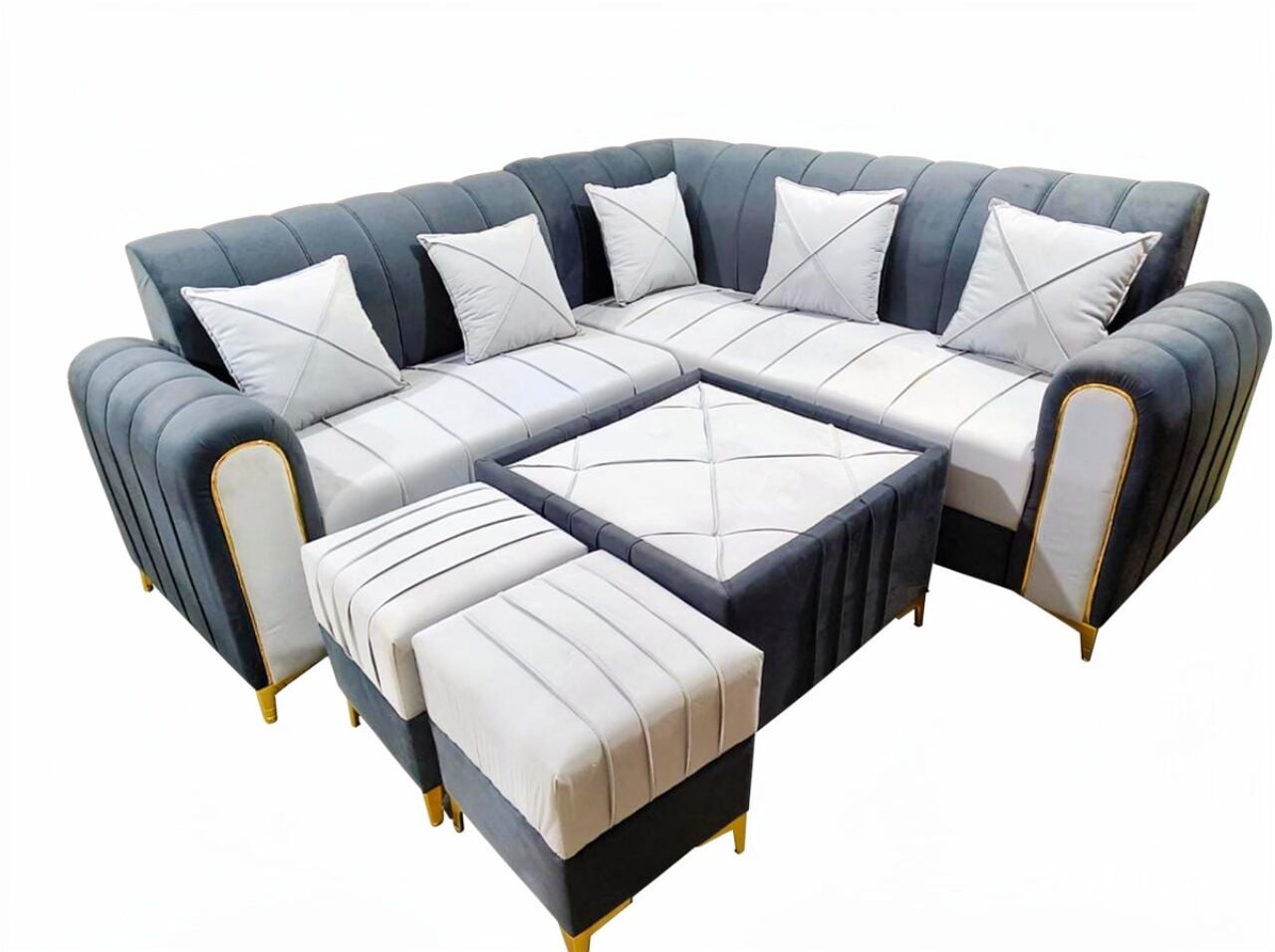Luxury L-Shape Corner Sofa Set with Tufted Center Table and Puffies (Slate Grey & Cream White)